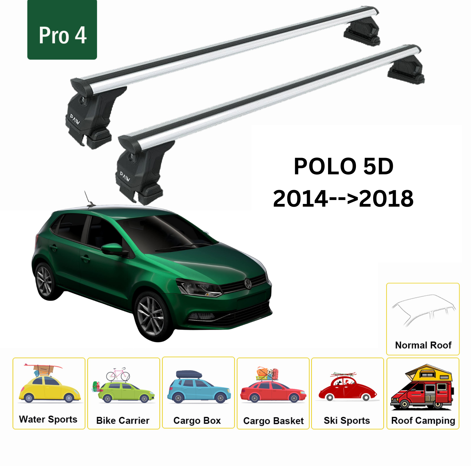 For Volkswagen Polo 5D 2014-2018 Roof Rack Cross Bar Metal Bracket Normal Roof Alu Silver For Volkswagen Polo 5D 2014-2018 Roof Rack Cross Bar Metal Bracket Normal Roof Alu Silver